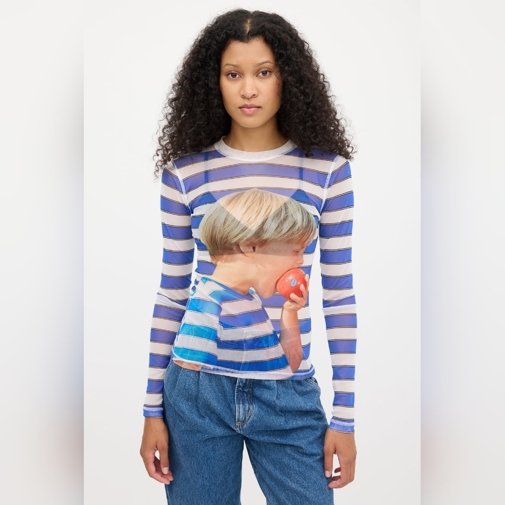 JW Anderson Blue & White Mesh Striped Graphic Top Size Small